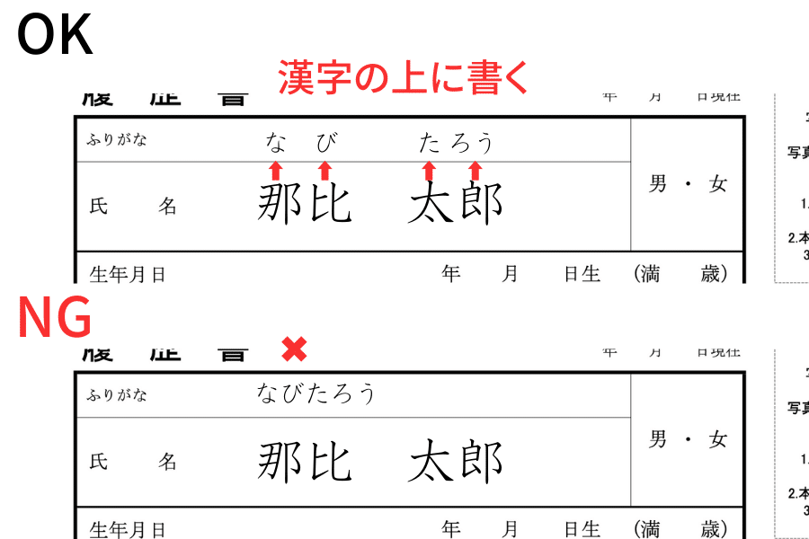 履歴書のふりがなの書き方【基本】漢字の上に書く